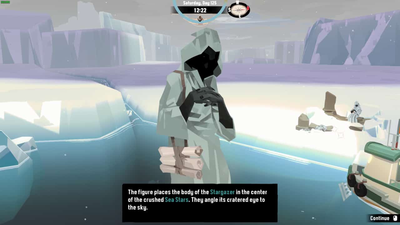 A screenshot of a video game showing a man in a hooded robe, embodying the mystique of "Dredge The Pale Reach Figure" in striking white attire.