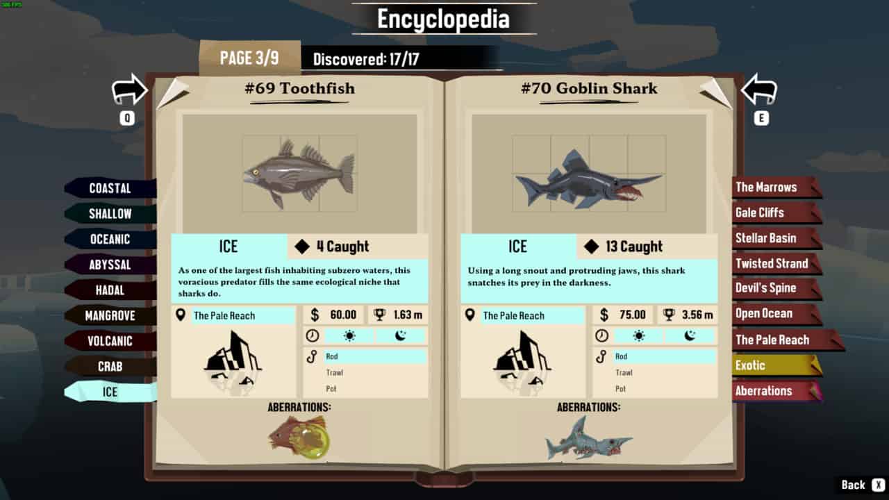 Dredge The Pale Reach fish list: in-game encyclopedia displaying the Toothfish and Goblin Shark.