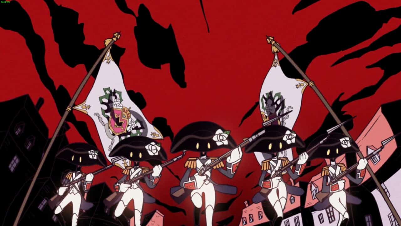 Persona 5 Tactica tips: a group of enemies holding flags in front of a red background.