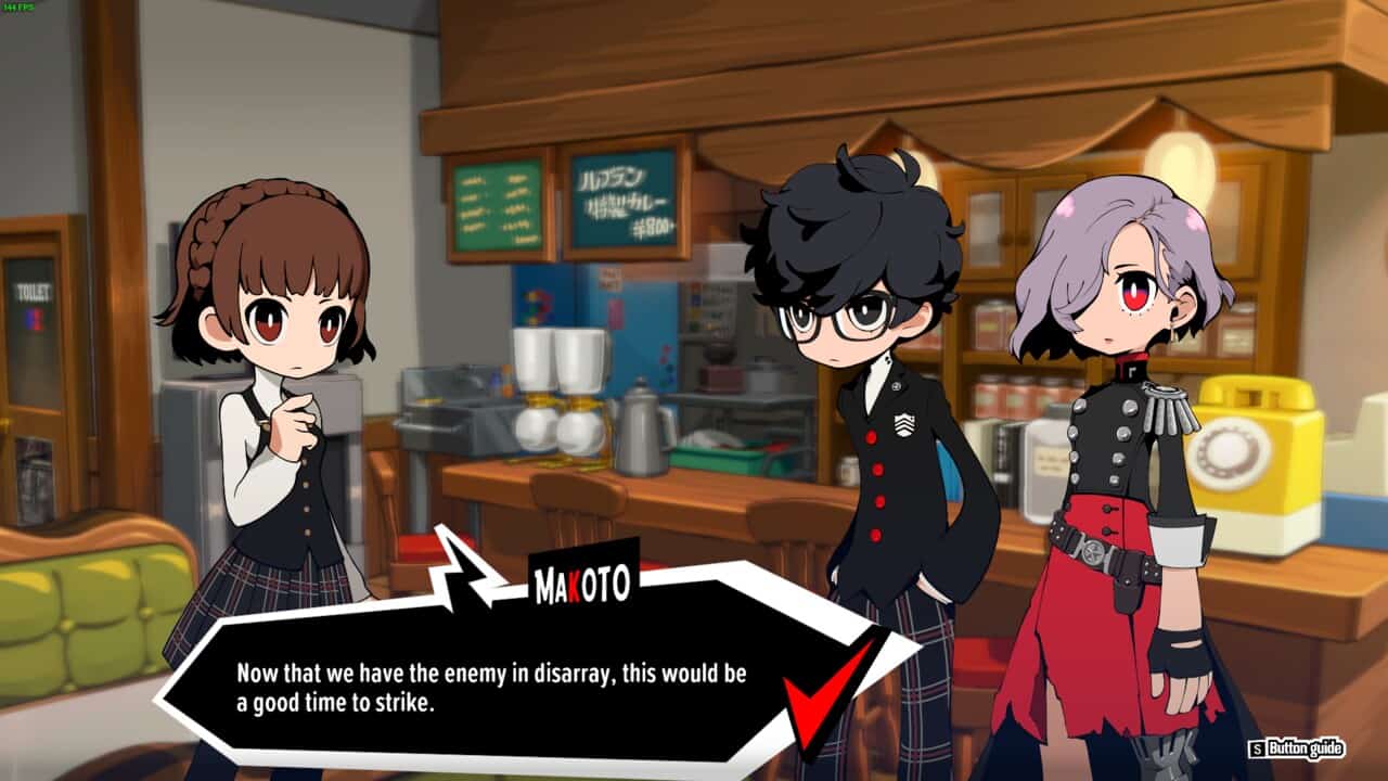 Persona 5 Tactica: Phantom Thieves in a heated discussion at LeBlanc cafe.