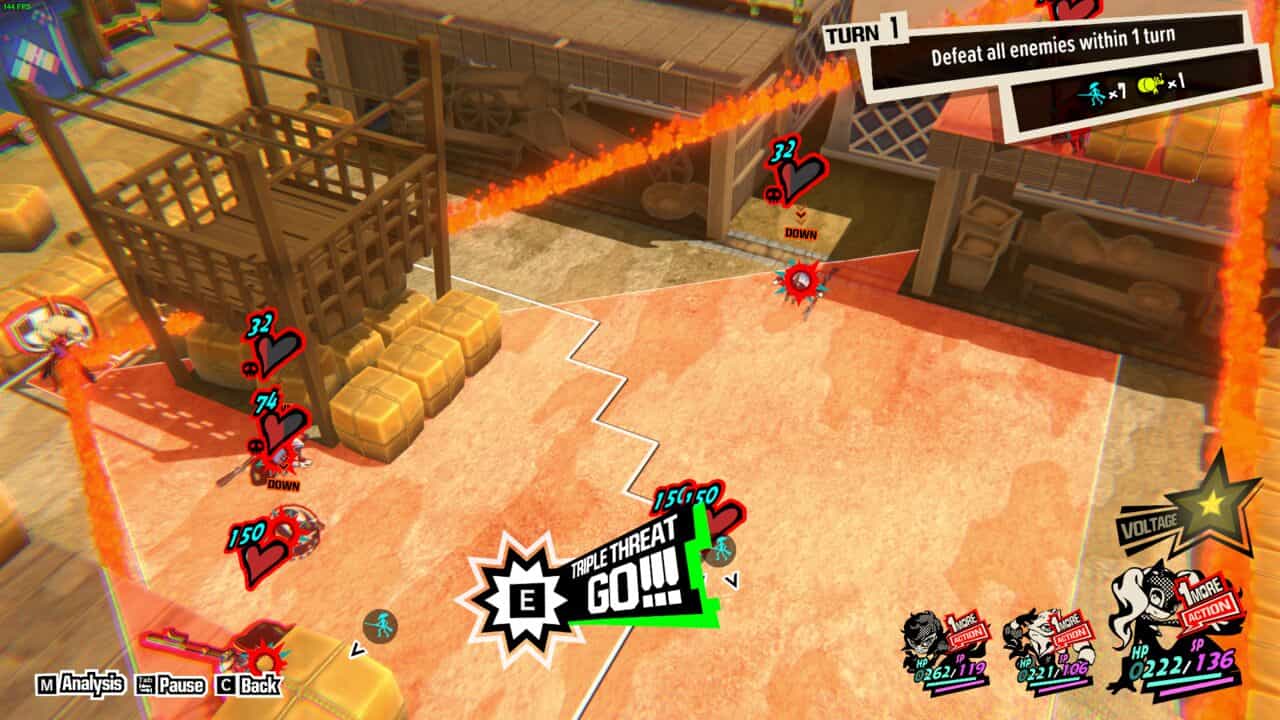 Persona 5 Tactica: Triple Threat All-Out Attack triangle covering several enemies.