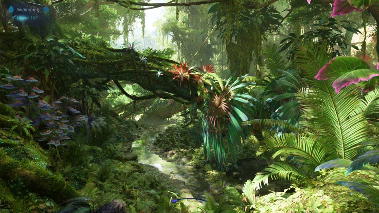 Avatar Frontiers of Pandora tips and tricks: fallen branch with vines in a vibrant jungle.