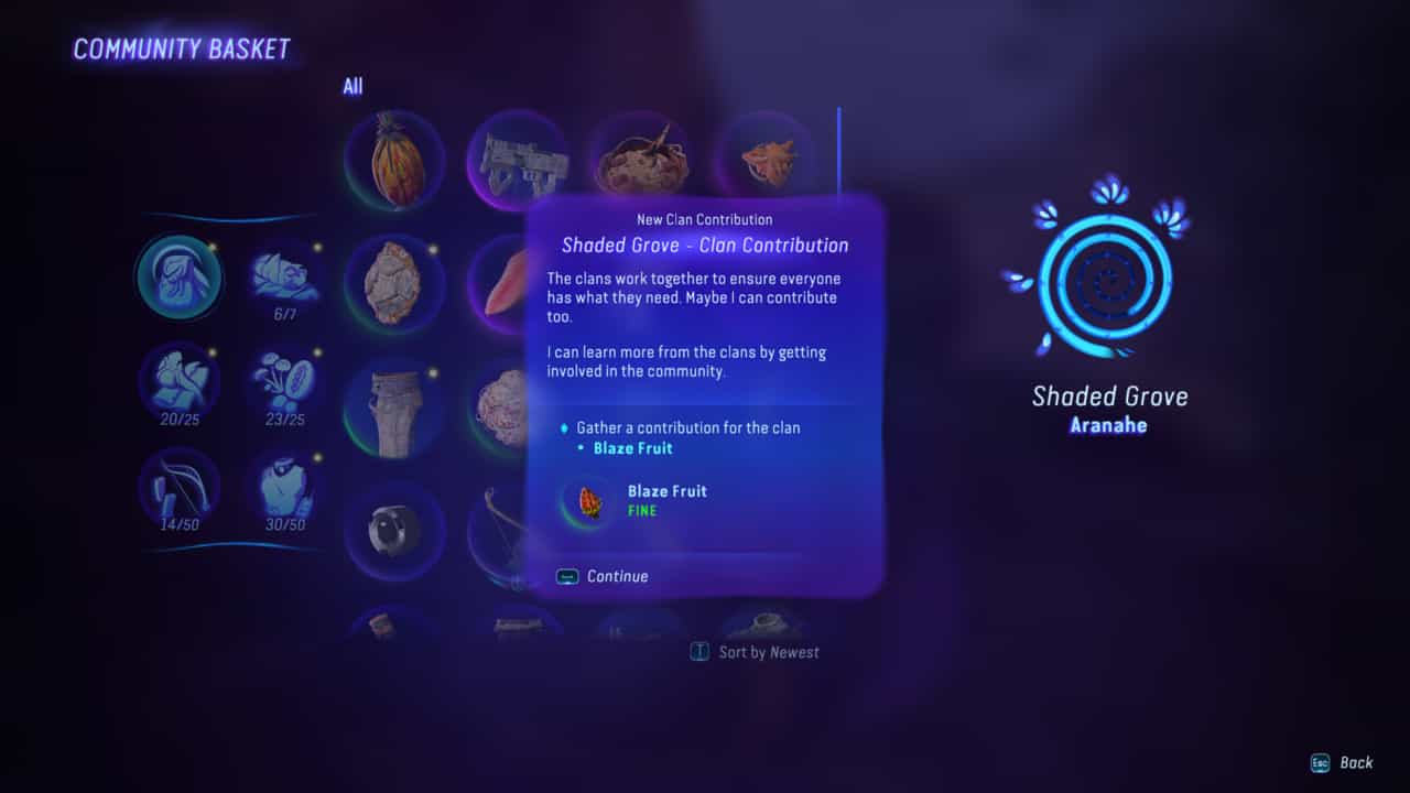 Avatar Frontiers of Pandora tips and tricks: Clan Contribution screen at a Community Basket.