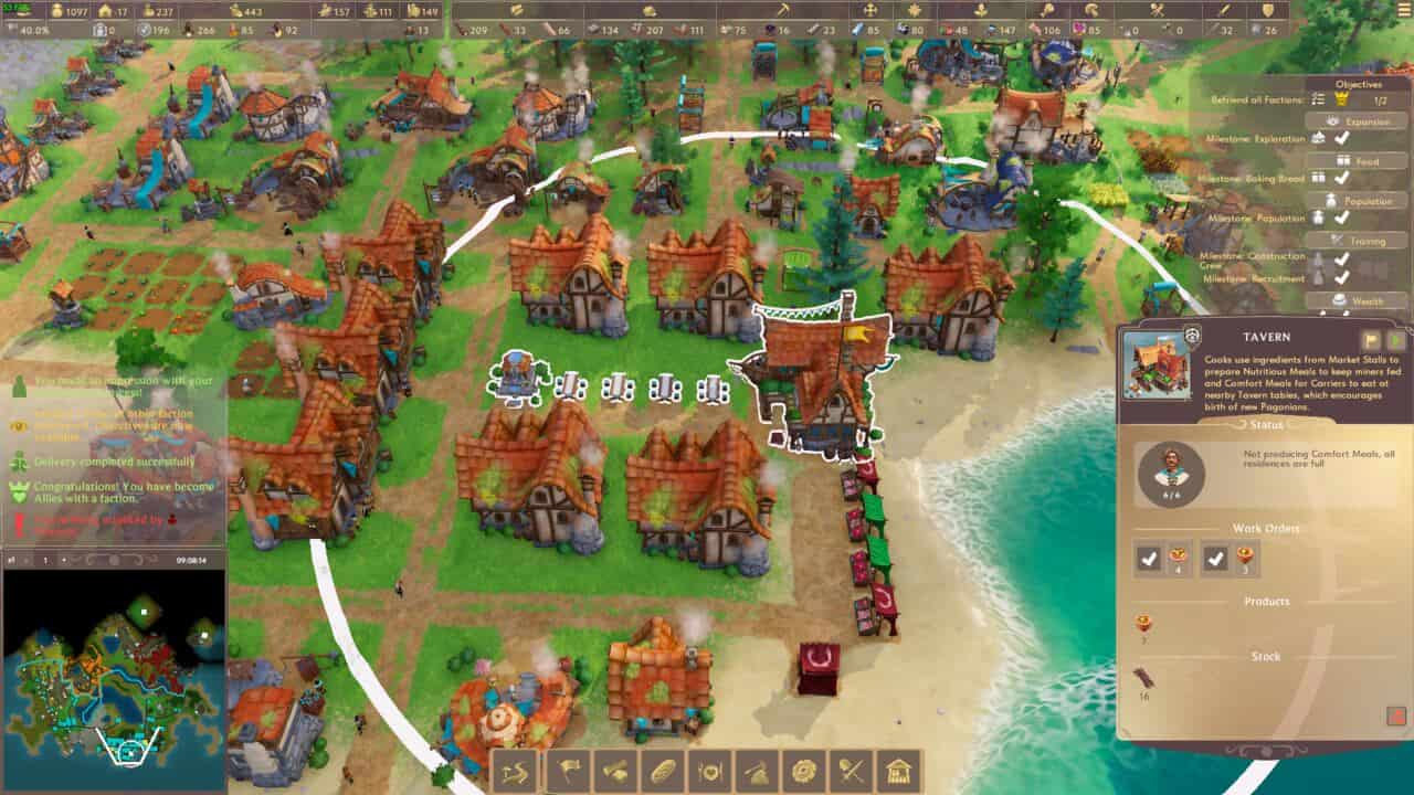 Pioneers of Pagonia increase population: shot of a city, including a Tavern with a white circle around it.