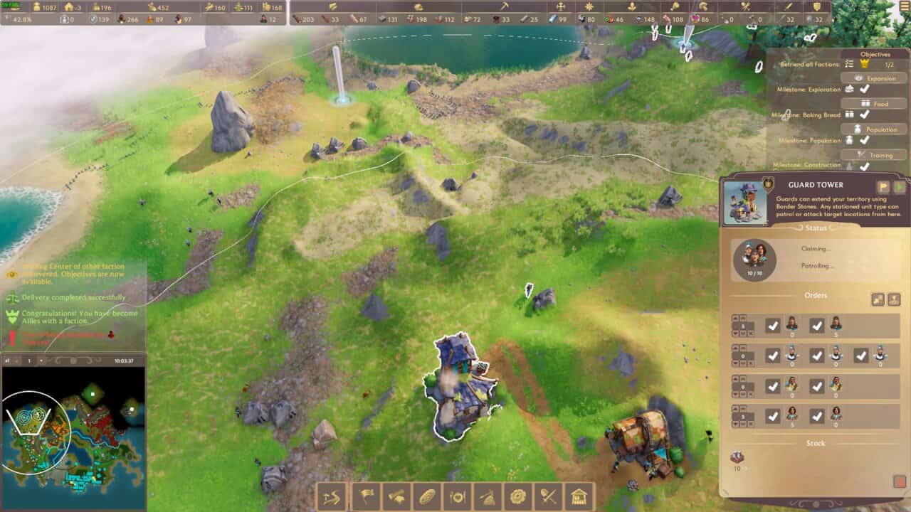Pioneers of Pagonia extend territory, expand borders: Guard Tower claim focus point on grassy hill.