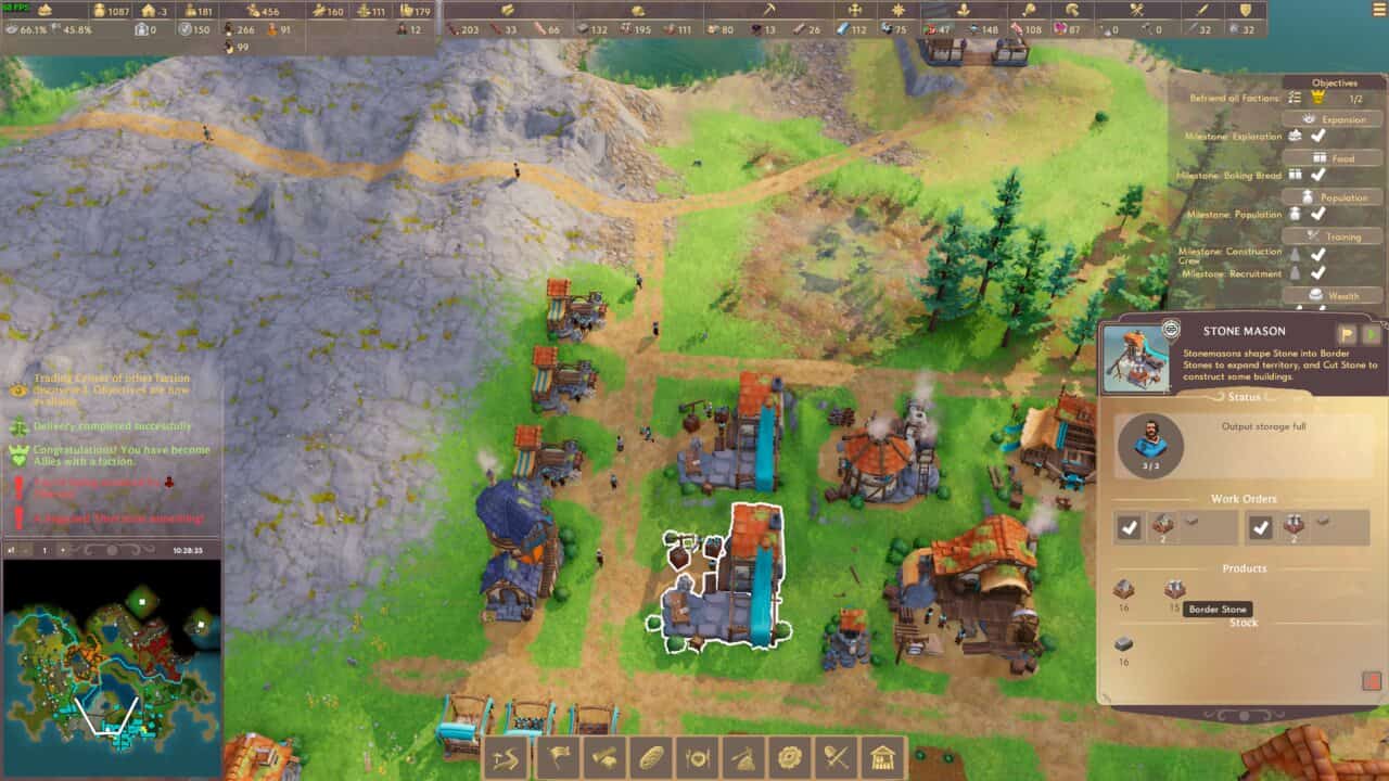 Pioneers of Pagonia extend territory, expand borders: small settlement with a Stone Mason and Quarries.