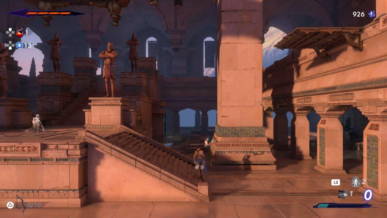 Prince of Persia The Lost Crown review: Sargon in a large hall with statues and columns.