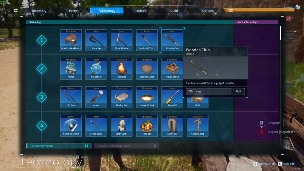 Palworld how to craft - Technology tab in the inventory.