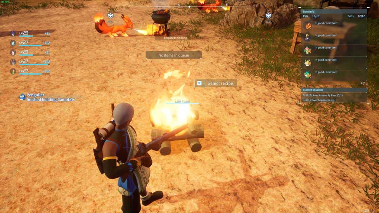 How to get kindling in Palworld: character standing over a campfire.