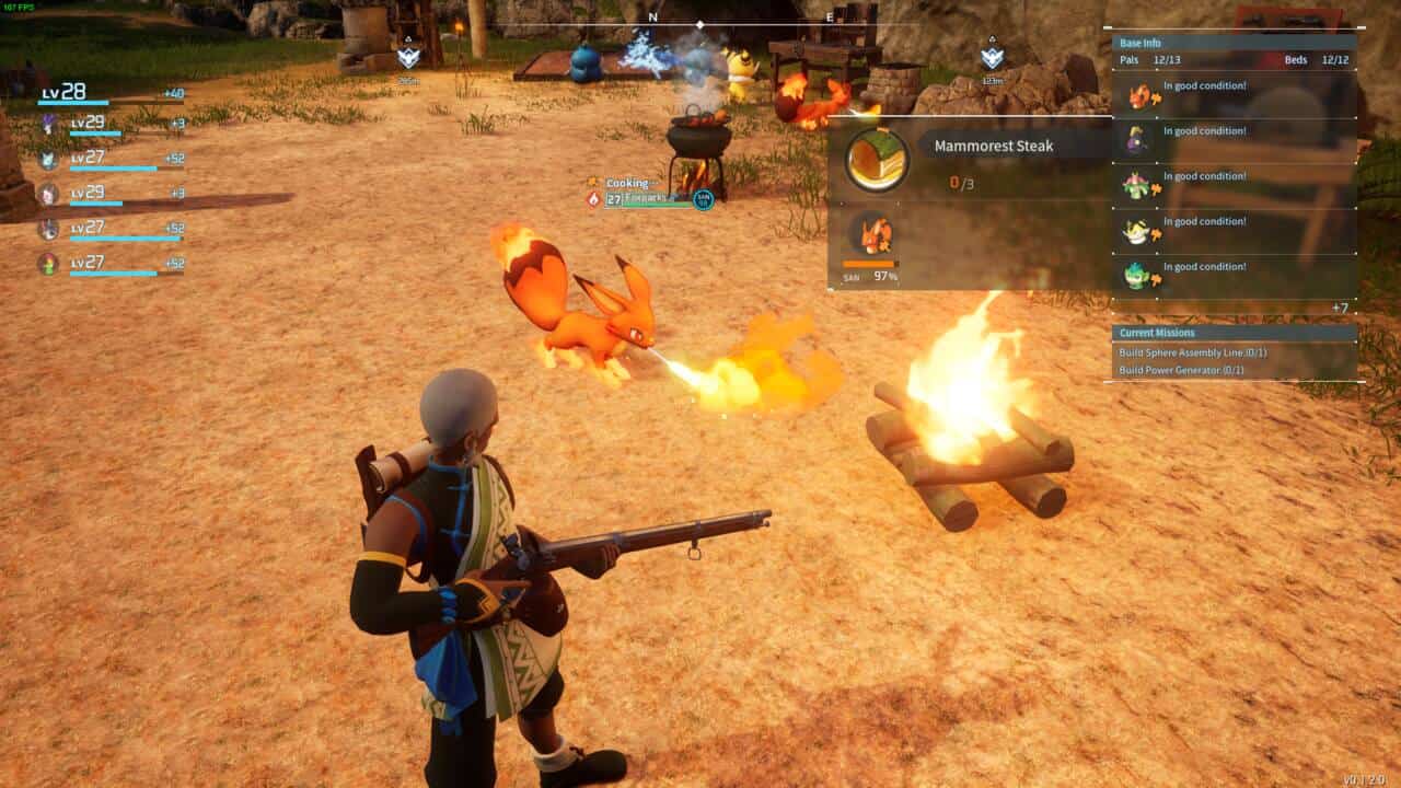How to get kindling in Palworld: character standing over a campfire with a Foxparks blowing flames.