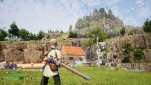 How to get kindling in Palworld: character near a base holding a musket.