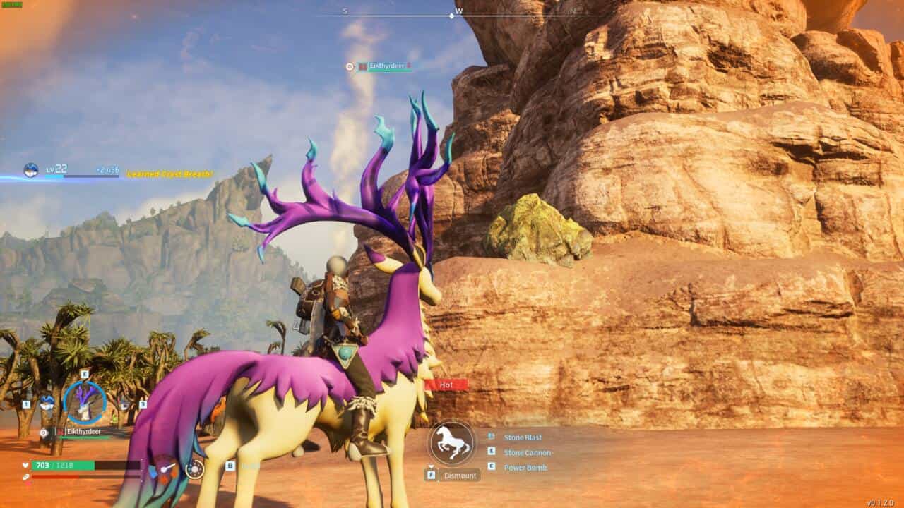 How to farm Sulfur in Palworld: character riding a deer-like Pal in the desert biome looking at a Sulfur deposit on a large rock formation.
