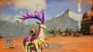How to farm Sulfur in Palworld: character riding a deer-like Pal in the desert biome.