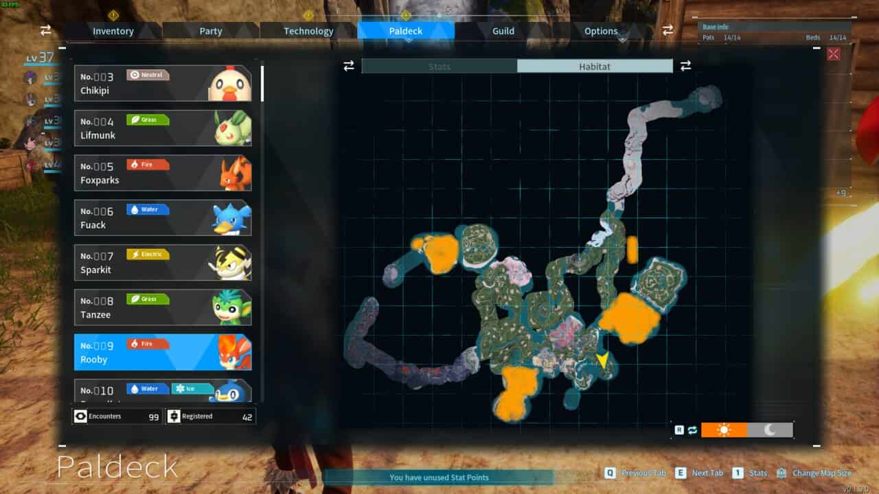 A screenshot of the map in Palworld, showcasing the 7 best fire-type pals for Kindling.