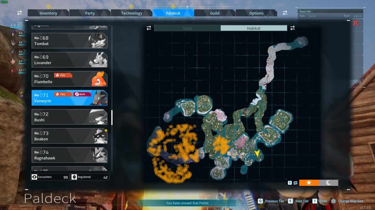 An epic screenshot of the expansive map in Palworld, showcasing the mesmerizing fire-type pals and their unique abilities.
