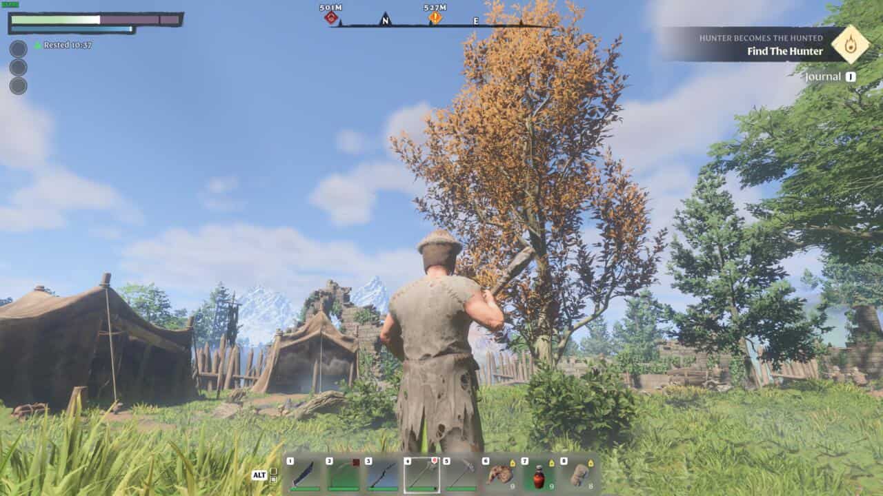 In Enshrouded, a man is standing in front of a tree, offering insight on the best farm location to obtain Resin.
