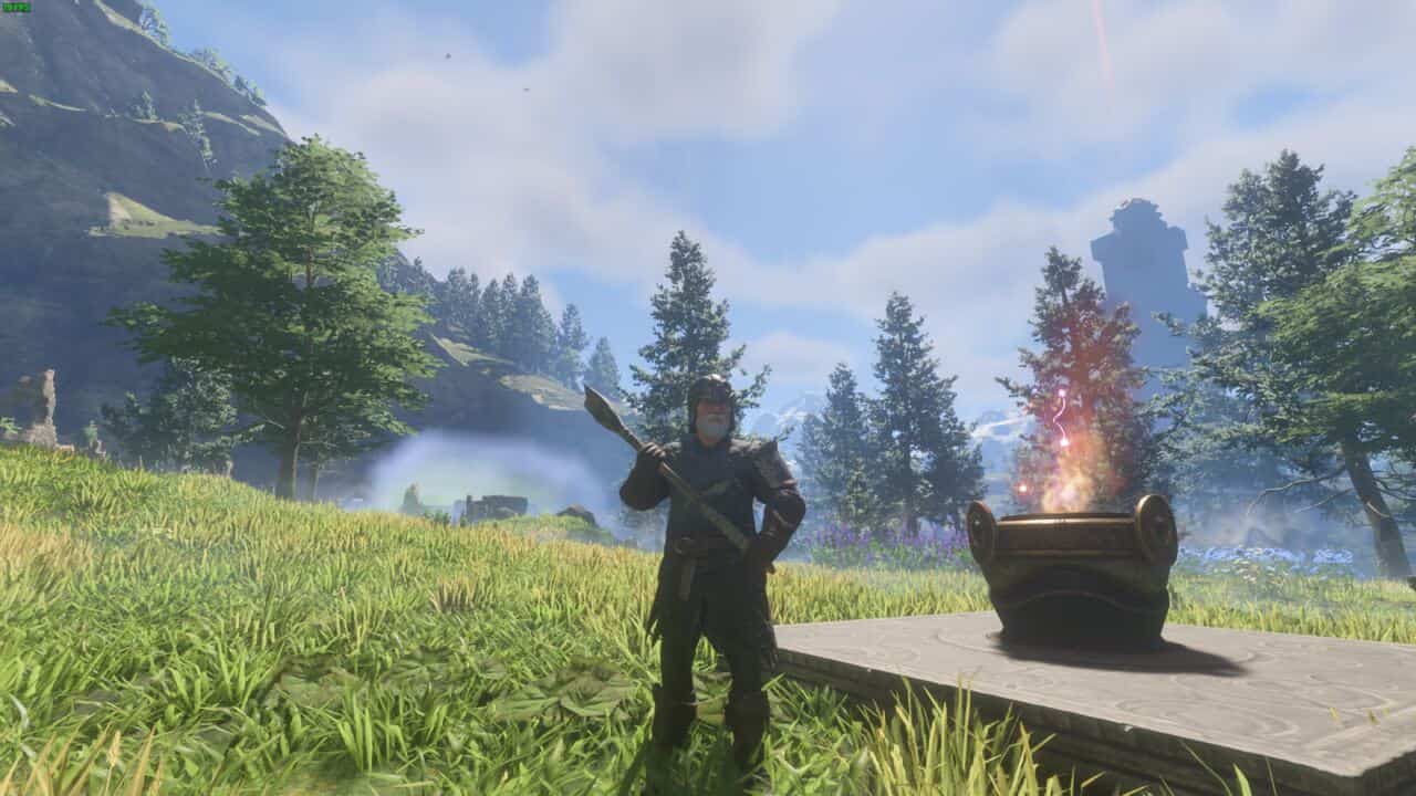 Enshrouded Advanced Glider: character standing near a Flame Altar.