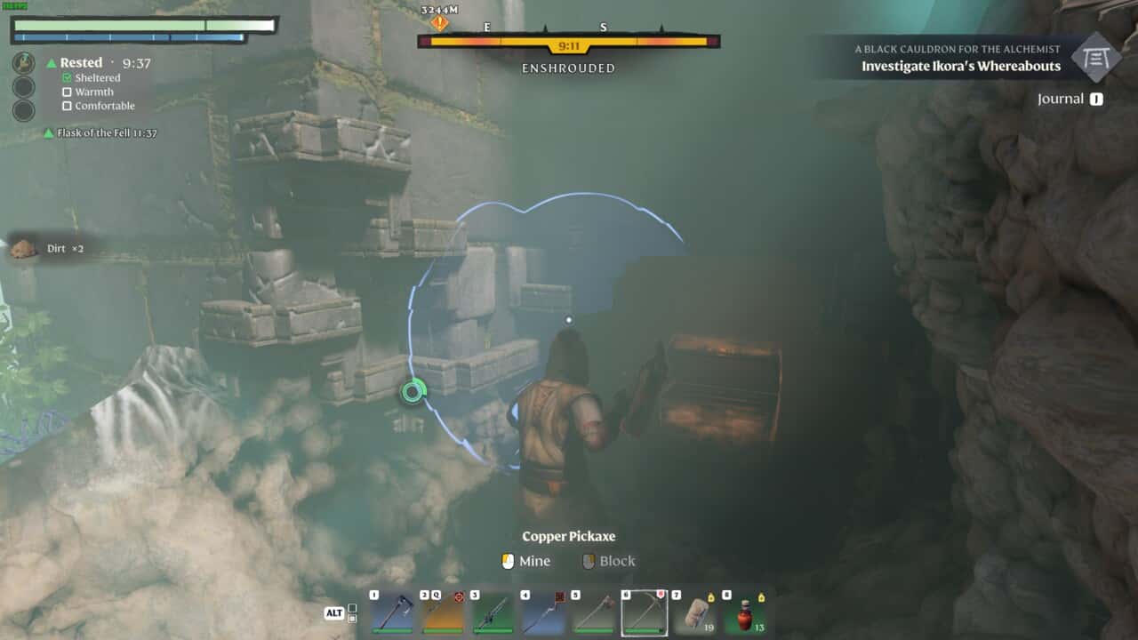 Enshrouded Bridge Construction Report: character holding a pickaxe in front a small hidden room containing a treasure sure.
