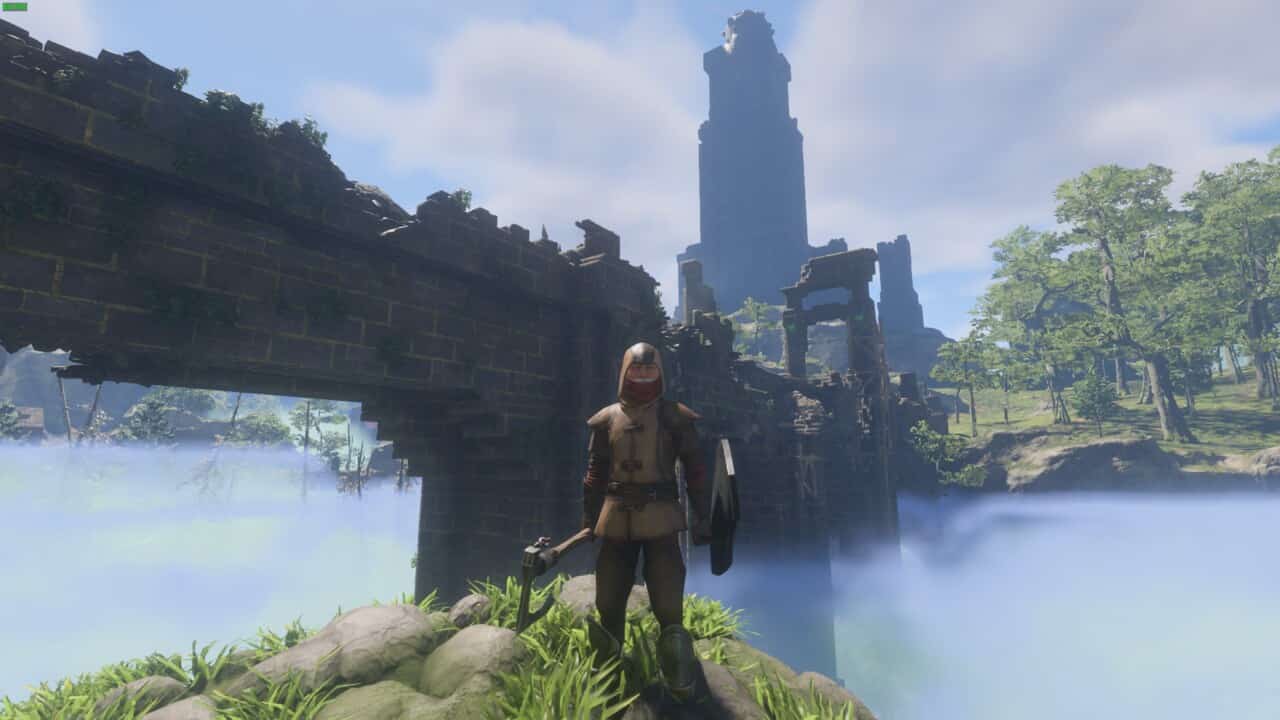 Enshrouded Bridge Construction Report: character standing on a grassy mound in front of the Braelyn Bridge.