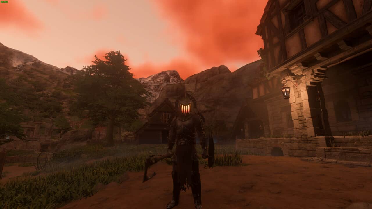 Enshrouded Seed of Suspicion: player standing in a village with the rising sun in the background.