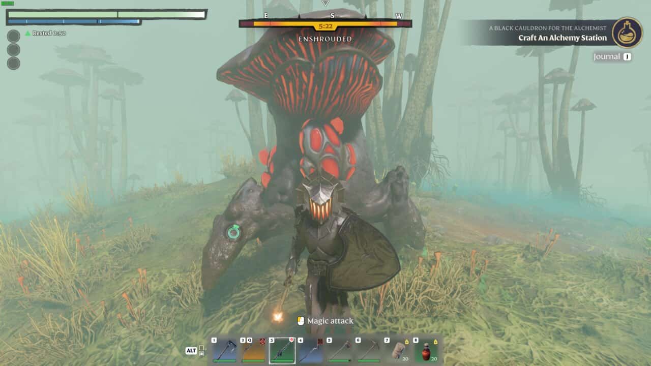 A screenshot of a video game featuring an Enshrouded Ammonia Gland-emitting monster in the background.