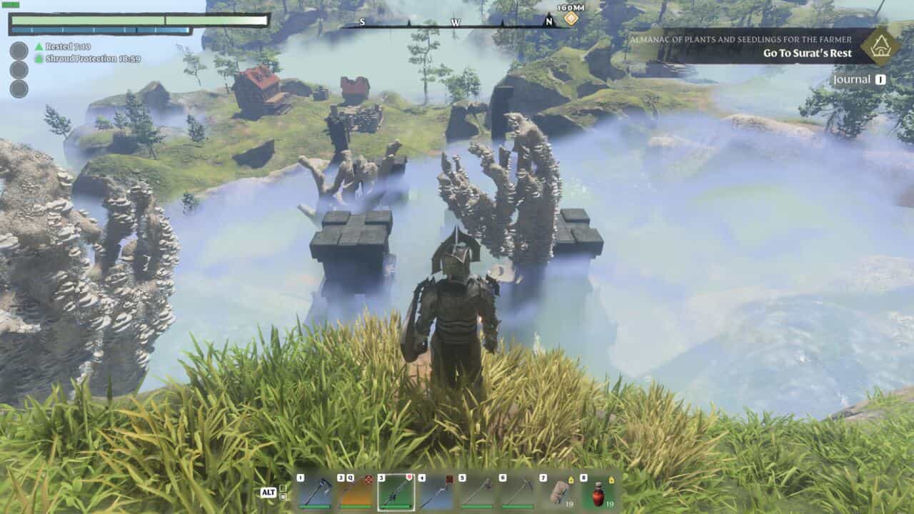 A screenshot of a video game showing a man standing on a grassy hill, exploring the Enshrouded world.
