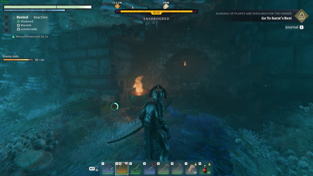 A screenshot of a character standing in a cave, searching for the Carpenter Vault Entrance in Enshrouded.