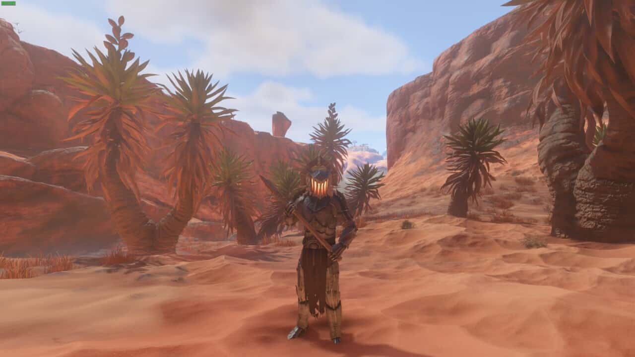 Enshrouded Yucca Fruit: character standing near palm trees in a rocky desert.