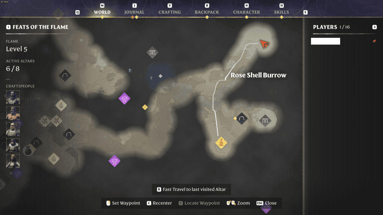 A screenshot of the map showing the location of the Loom in Enshrouded for the Hunter quest.