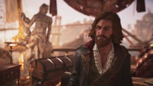Skull and Bones Sambuk: captain stood overlooking a harbour and statue.