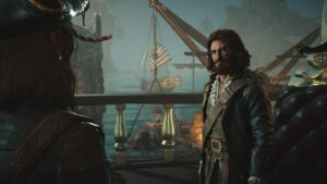 Skull and Bones Acacia: pirate captain talking in an office overlooking a harbour.