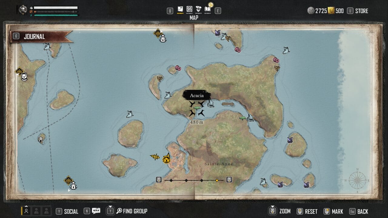 A screenshot of a map showing the location of an island adorned with a Skull and Bones emblem.