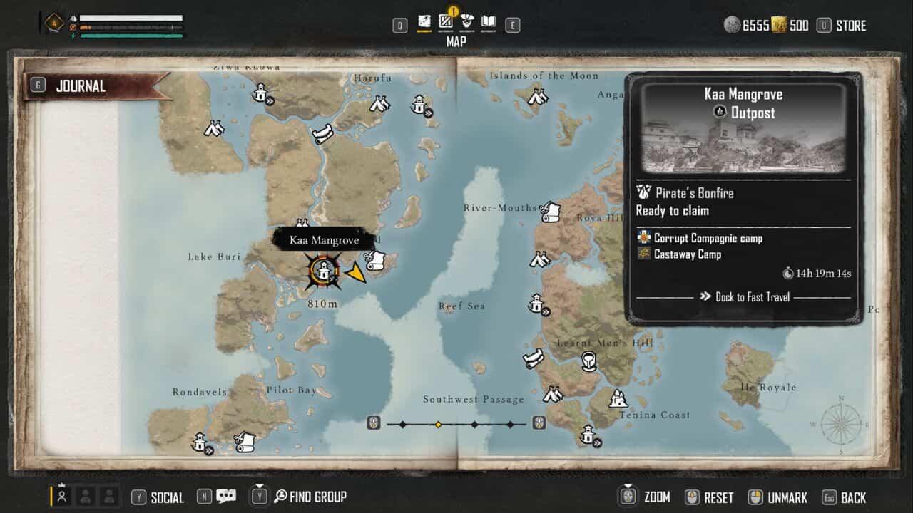 A screenshot of the map in the game Skull and Bones, featuring the Kaa Mangrove.
