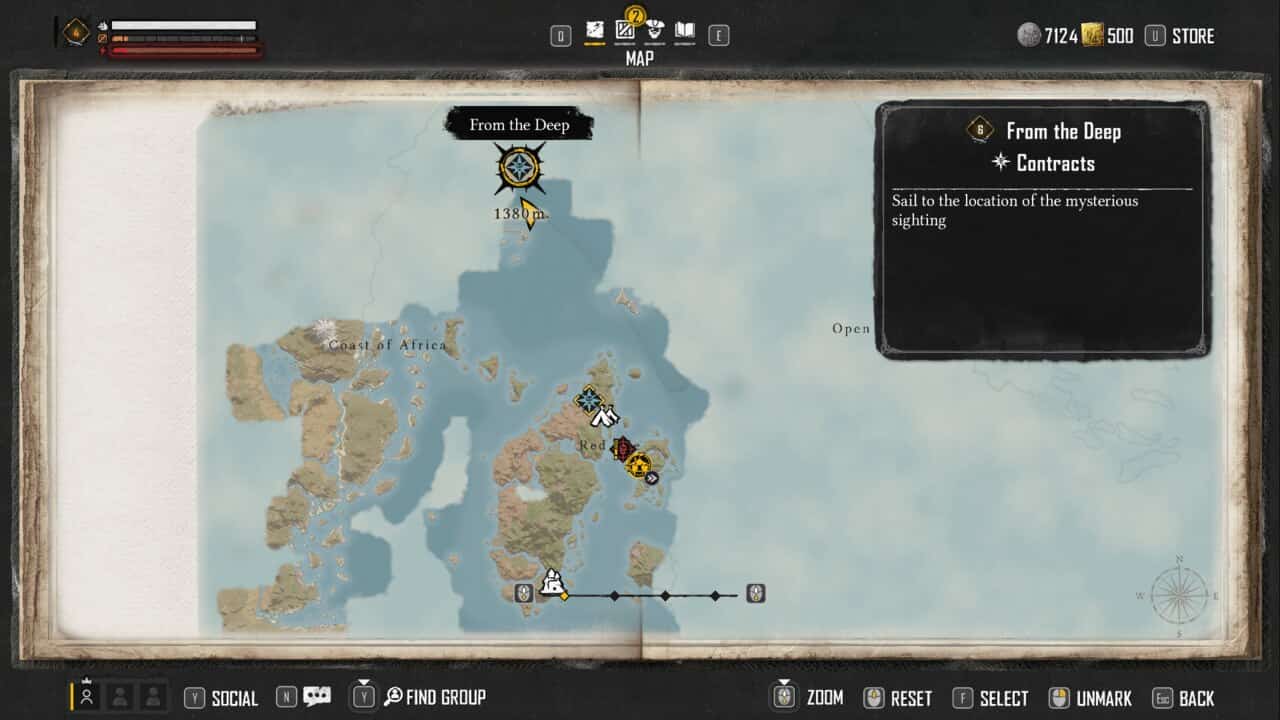 A screenshot of a map showing the location of a ship in Skull and Bones.