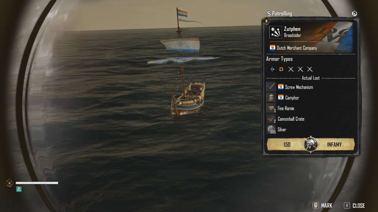A screenshot of the ship Skull and Bones sailing in the ocean.