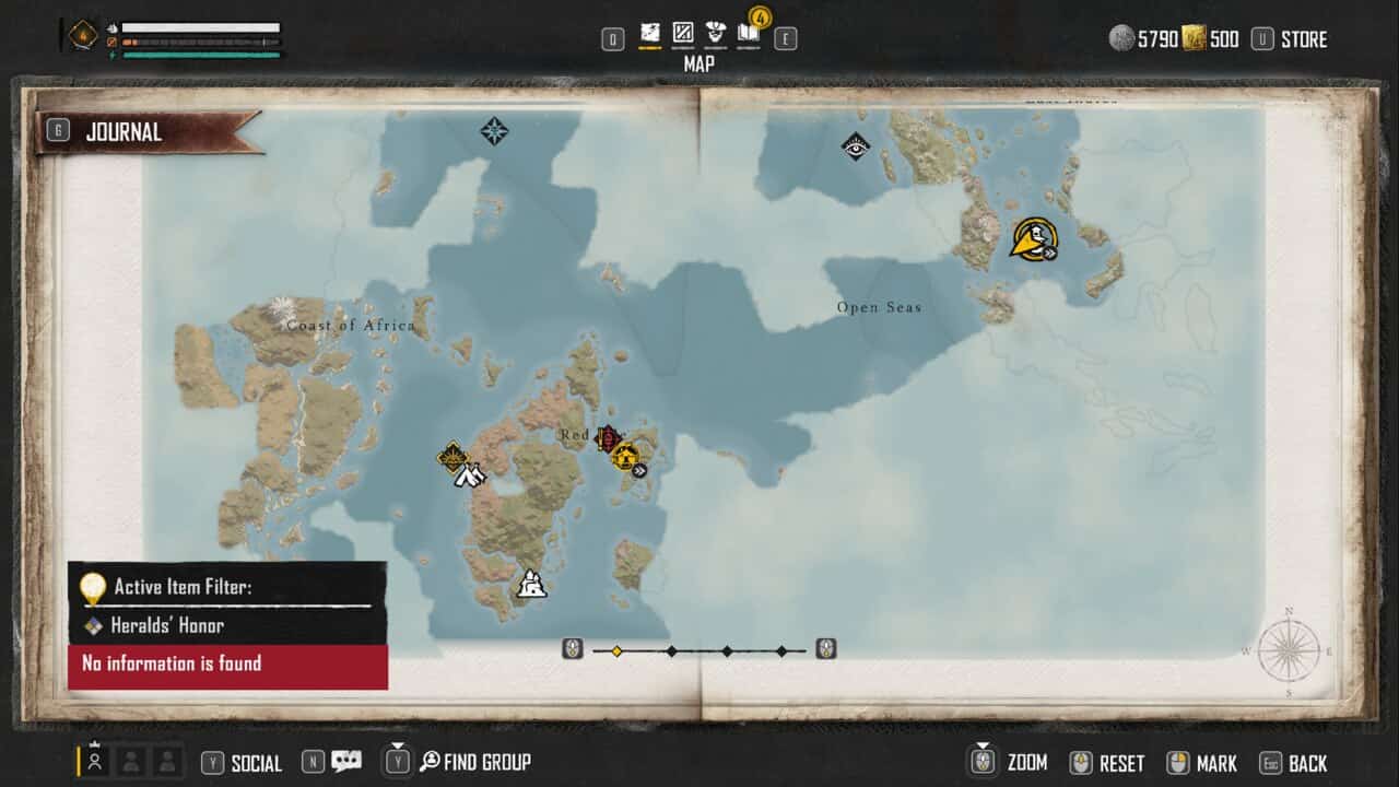 A screenshot of a map in the game featuring a Skull and Bones emblem near a ruined lighthouse.