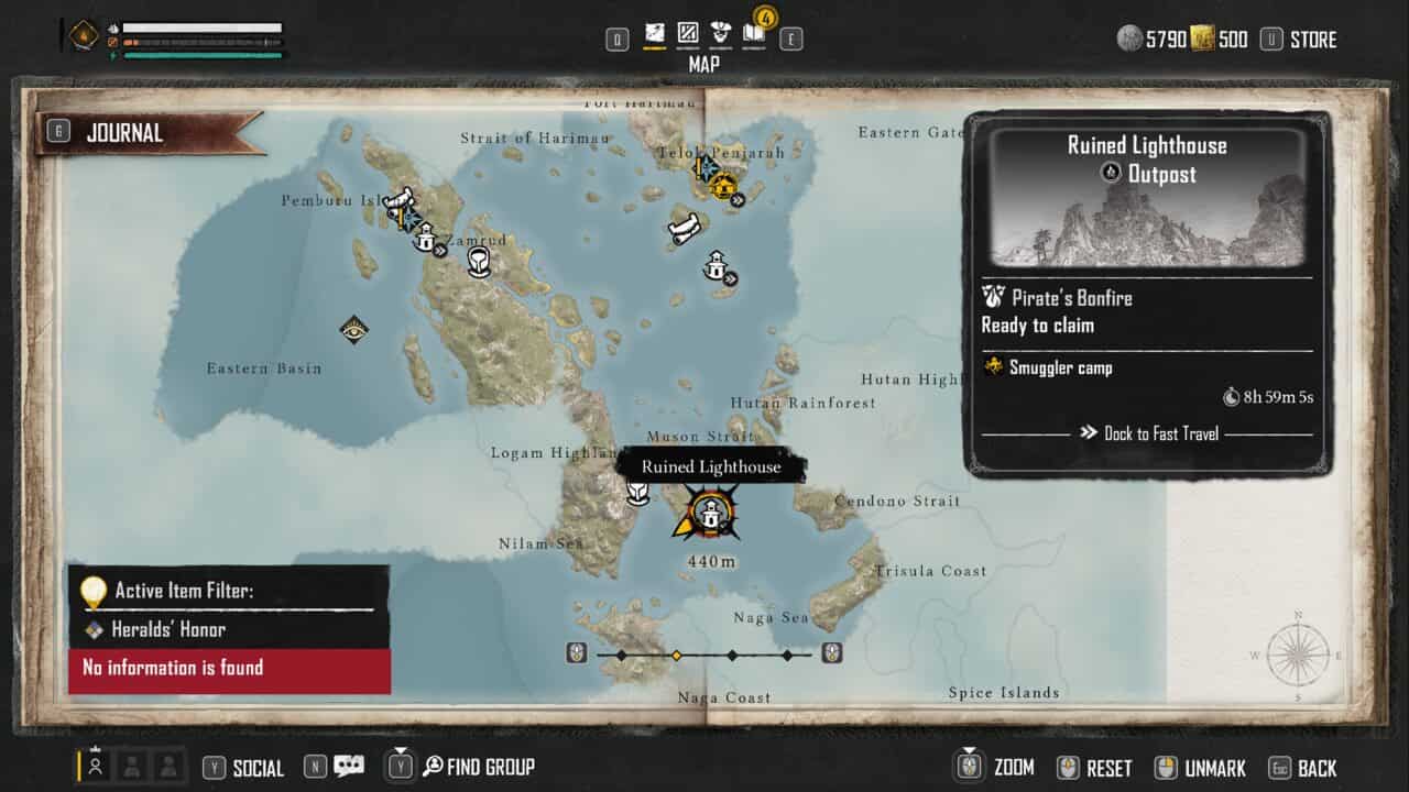 A screenshot of a map in the game with a Skull and Bones icon marking a Ruined Lighthouse.