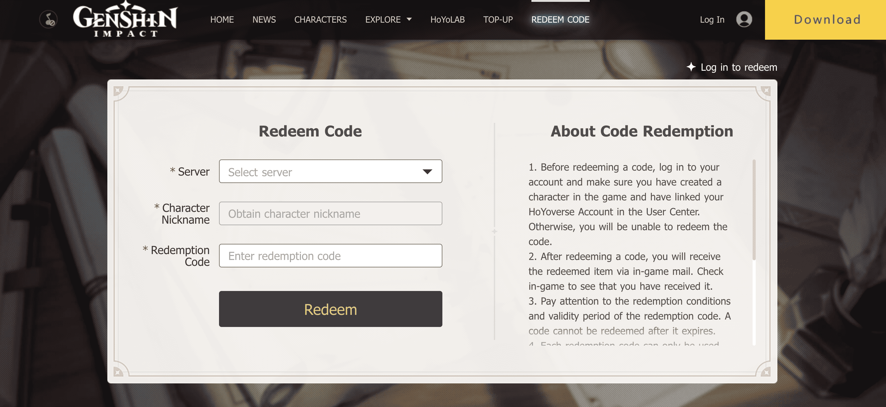 Screenshot showing how to redeem codes in Genshin Impact using the website.