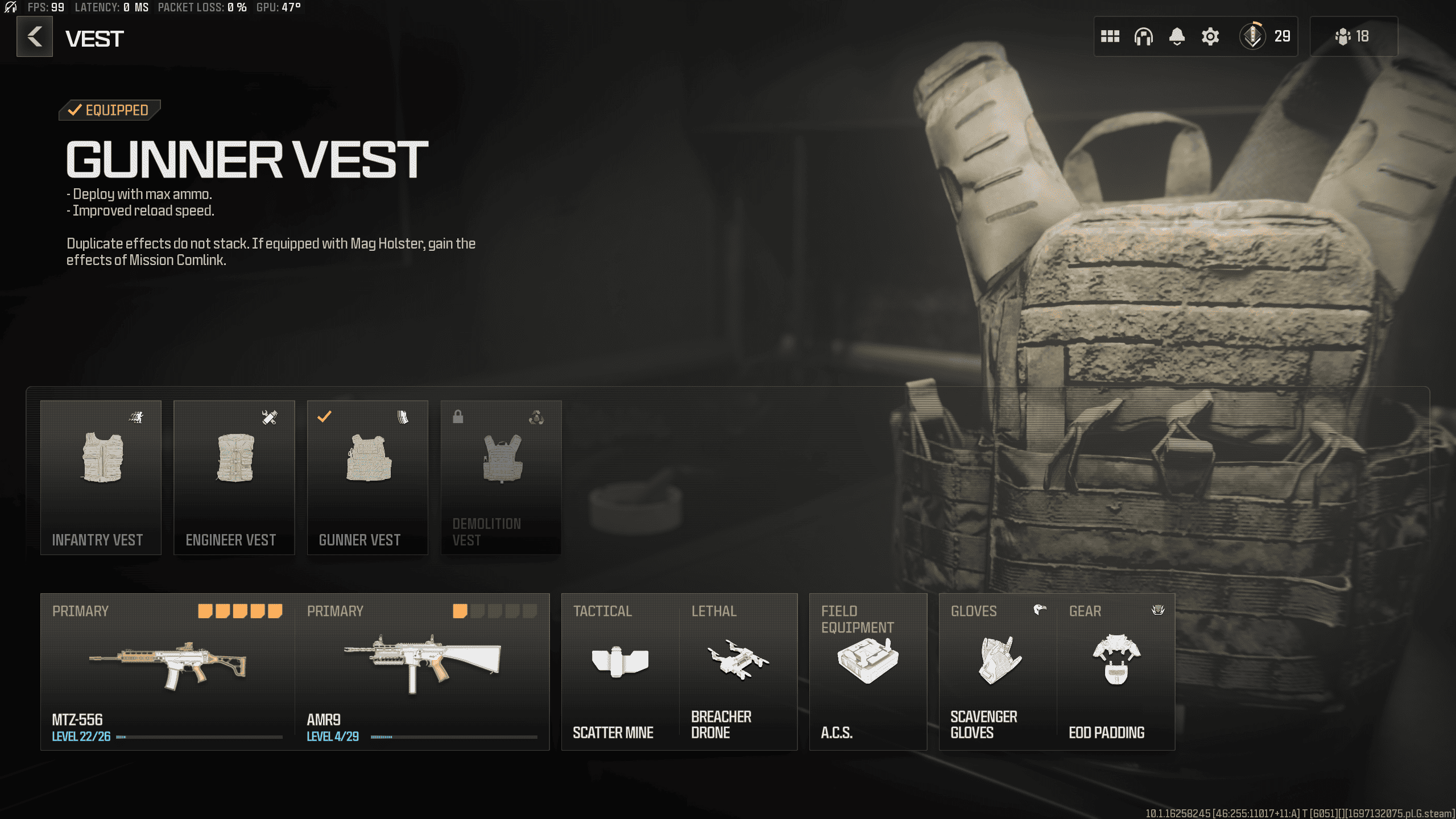 A screenshot showcasing the gunner vest in Call of Duty with some of the best perks in MW3.