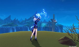 Furina poses in front of Romaritime Harbor in Fontaine in Genshin Impact