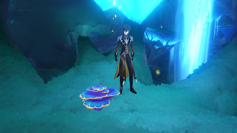 Zhongli stands next to a Rukkhashava mushroom in Genshin Impact