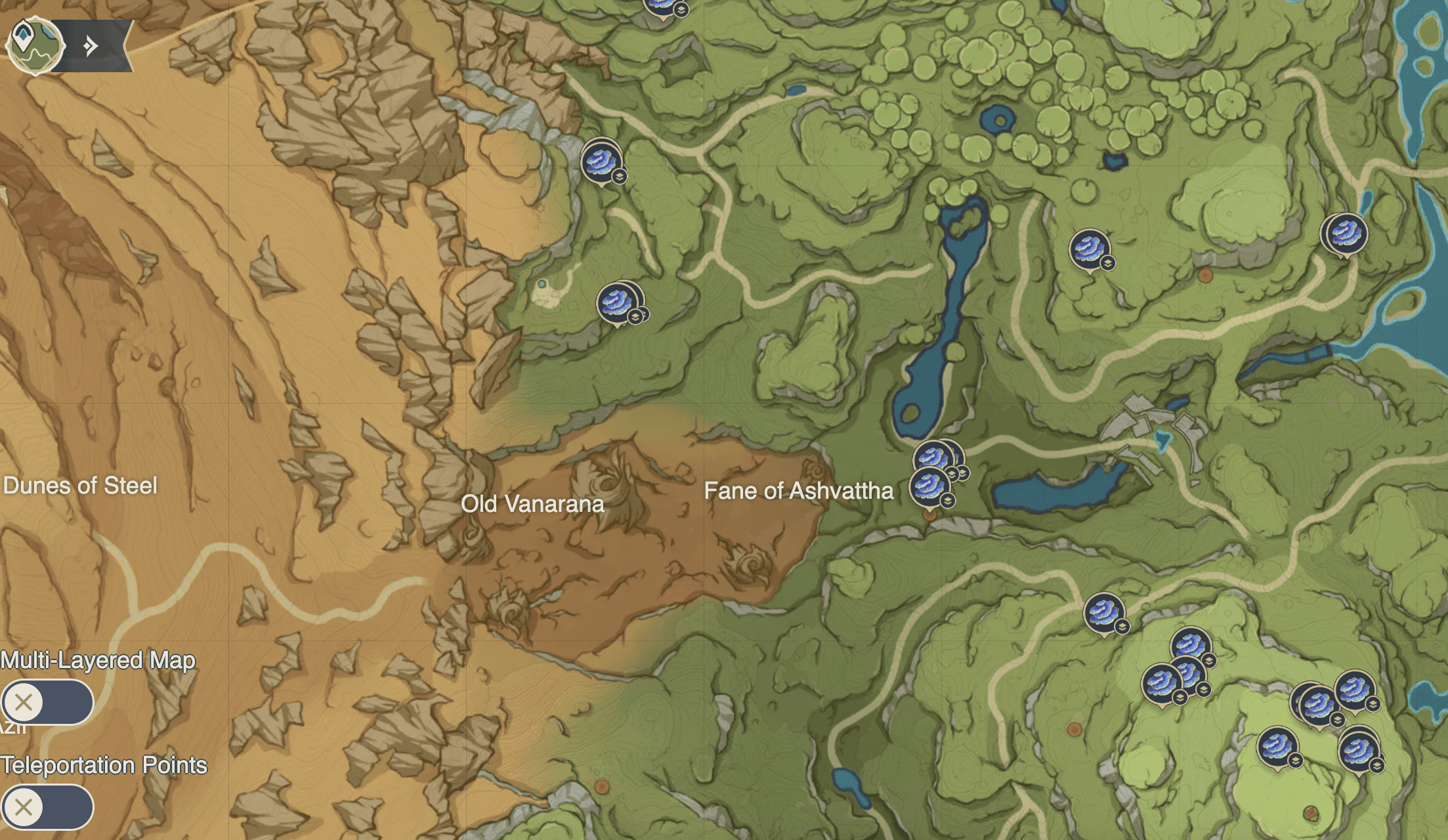 Map showing the location of Rukkhashava Mushrooms in the Fane of Ashvattha in Genshin Impact