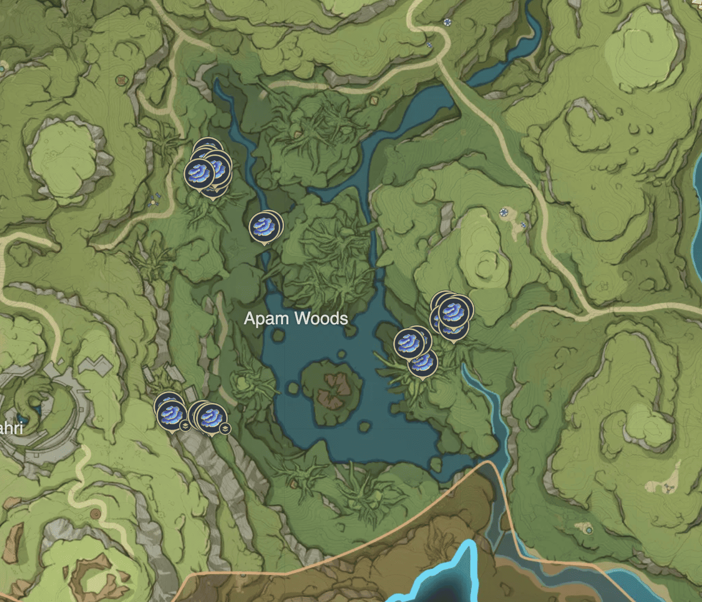 Map showing the location of Rukkhashava Mushrooms in Apam Woods in Genshin Impact 