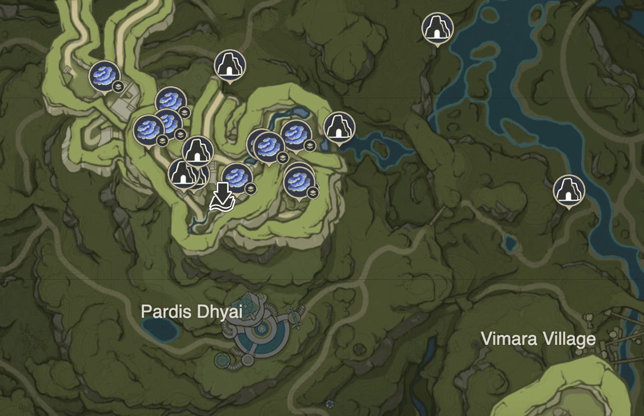 Map showing the location of Rukkhashava Mushrooms in Genshin Impact (Image taken by VideoGamer via HoYoLab's Interative Map)