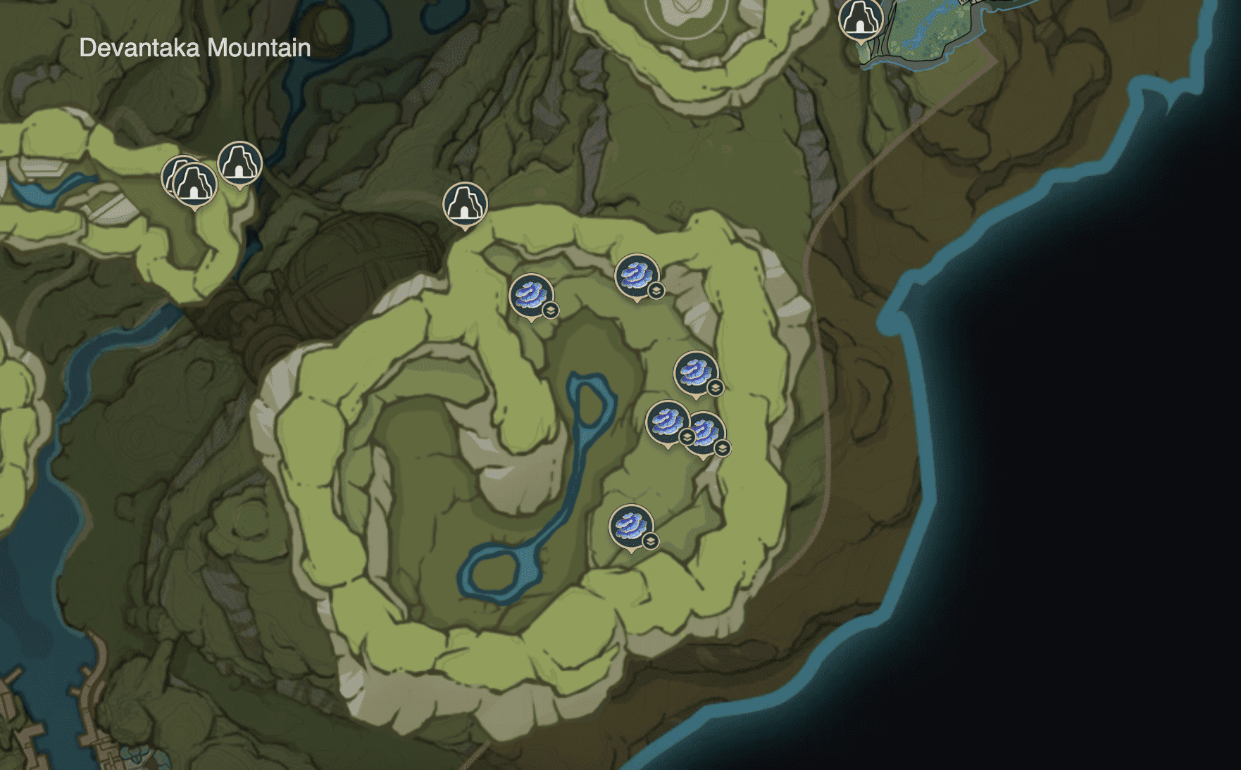 Map showing the location of Rukkhashava Mushrooms in Devantaka Mountains in Genshin Impact.