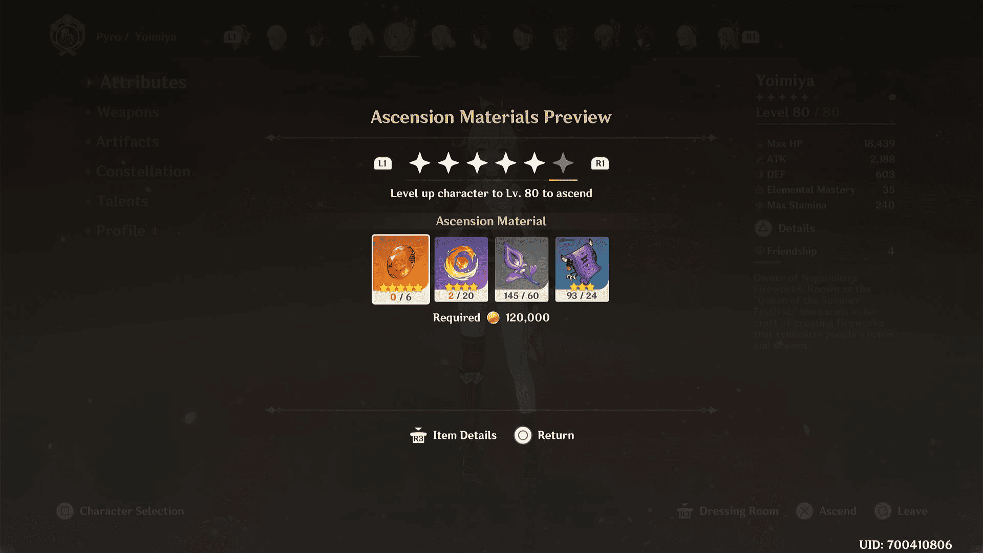 Yoimiya Ascension materials in the character menu