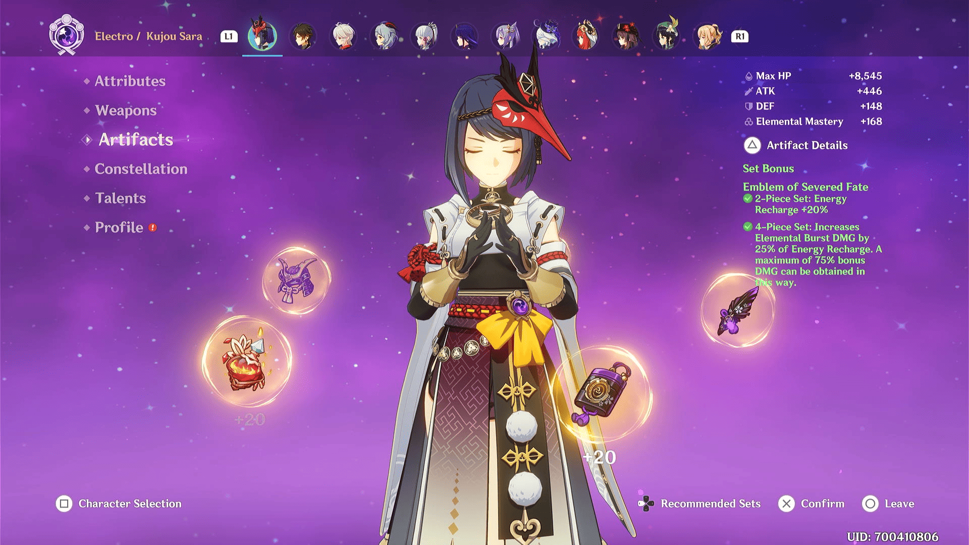 Kujou Sara in the Artifact menu in Genshin Impact showing Kujou Sara best builds