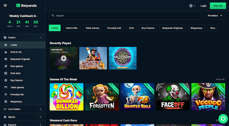 BetPanda casino lobby featuring online slots similar to Davinci Diamonds with tumbling reels