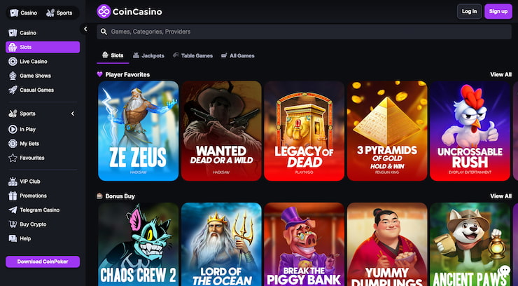 CoinCasino slot library showing online slots inspired by Davinci Diamonds