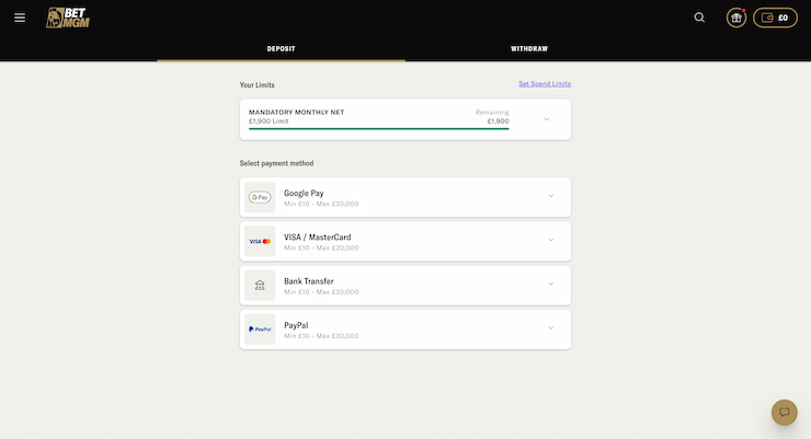 PayPal casino payment methods and monthly deposit limit at BetMGM.